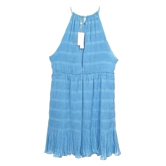 Rebecca Taylor Pleated Voile Short Dress Size Large Cerulean Blue Halter New NWT - Picture 3 of 13